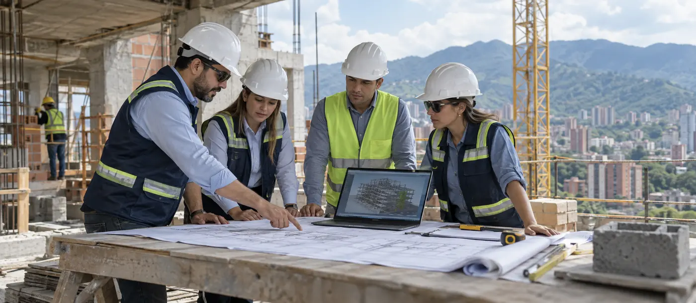 Equipo profesional de ingeniería y gerencia revisando planos y un modelo BIM